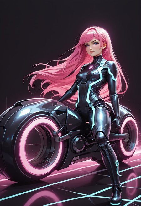 score_9, score_8_up, score_8, masterpiece, best quality, good quality, very aesthetic, absurdres, newest, 8K, depth of field, focused subject, dynamic angle, side view,  1girl,solo, CivChan, holofoil glitter, faint, glowing, ethereal, neon hair, glowing hair, long hair, purple eyes, looking sweet, coy,  sci-fimasterpiece, best quality, good quality, very aesthetic, absurdres, newest, 8K, depth of field, focused subject, dynamic angle, side view, 1girl,solo, CivChan, android, holofoil glitter, faint, (glowing:1.2), ethereal, neon pink hair, glowing hair, long hair, neon purple eyes, looking at viewer, serious, zzCitronLegacy, 
Looking like the character Gem from the movie Tron Legacy,  black suit with glowing purple circuits, thick thighs, white boots, black eyeliner, mischievous expression, rides a TRON Motorbike, tron, giant bike, with angular Speed trail, in a Neon landscape, towering (geometric) structures, dark with vibrant electric-cyan highlights, cinematic sci-fi lighting, Shot with wide-angle lens, motion blur, ultra-detailed, photorealistic Tron style, black background elements, giant cyan glowing grid across the entire background,