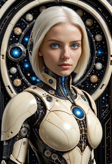 1girl, robot, beautiful, 22yo, blue mechanic eyes, glowing eyes, (adult:1.3), safe,
white hair, bob cut, 
spaceship interior, depth of field, face focus, dramatic lighting, detailed shadows,
futuristic armor made out of, ebony, ivory, scrimshaw, bone carving, armored,
 <lora:Ebony_and_Ivory_Scrimshaw_style_-_SDXL:1>,, masterpiece, best_quality, amazing_quality, very_aesthetic, 8k, high_quality, highres, absurdres, subject_focus,, detailed eyes, perfect eyes, realistic eyes,, mechanical limbs, cyborg, cybernetic, futuristic, mechanical joints,