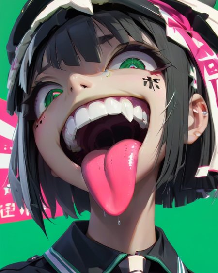 <lora:Punk_Anime_XL:1>,
1girl, bangs, black hair, blunt bangs, cross-shaped pupils, drooling, facial mark, fangs, green background, long hair, looking at viewer, open mouth, piercing, pink eyes, saliva, school uniform, short hair, solo, teeth, tongue, tongue out, white hair