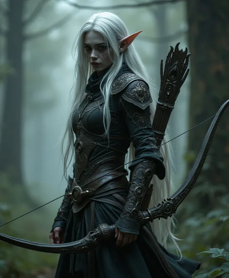 8k wallpaper of a female drow ranger, with dark ashy skin and long white hair wearing intricate elven chainmail, with a bow and quiver on her back, in a dark forest with spiderwebs hanging in the trees, 8k photo, cinematic, dark fantasy, highly detailed