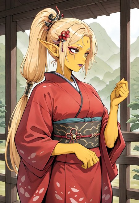 masterpiece, best quality, newest, absurdres, highres, 
Migamiga-Style-V1.0,
1girl, asian, asian female, elf, elf girl, pointy ears, long hair, yellow skin, blonde hair, golden colored skin, ponytail long ponytail, high taied ponytail, makeup, mascara, brown eyes, golden eyes,
kimono, red kimono, japanese clothes, hair ornament,