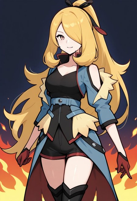 2d, masterpiece, best quality, amazing quality, 1girl, solo, close-up, standing, smile, upper body, cowboy shot, looking at viewer, simple background, colorful background, flames, auracynthia, def colors, grey eyes, blonde hair, very long hair, ponytail, black hair ribbon, hair over one eye, collarbone, blue jacket, shoulder cutout, red gloves, black shirt, blue belt, black shorts, showgirl skirt, blue skirt, red lining, thigh boots, high heels boots, black footwear