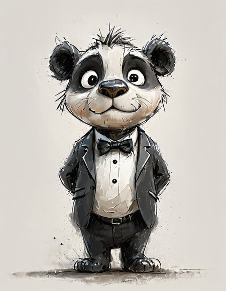 impactful color paint of cute drawing of a panda wearing a tuxedo,
highly detailed, sharp, professional, clear, high contrast, crystal clear, 4k, uhd, masterpiece