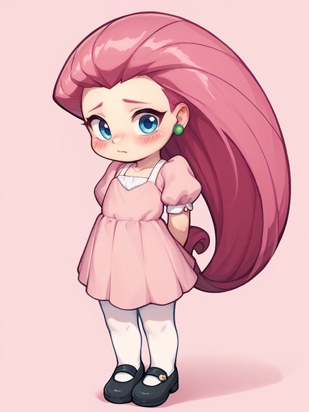 score_9,score_8_up,score_7_up, BREAK,
 <lora:uohh_v3_bb:1>
1girl, solo, cute, small body, flat chest, pink dress, puffy sleeves, white leggings, black footwear, hands behind back, blush, looking at viewer, shy,
 <lora:EPpkJessiePony:0.6> eppkjessie, long hair, hair slicked back, blue eyes, pink hair,