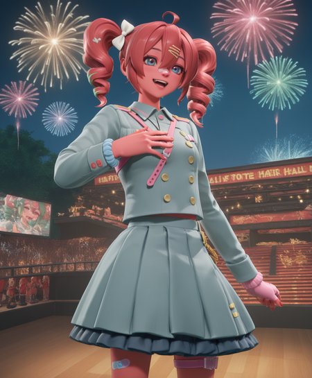 highly detailed, (upper body:1.3), (singing on stage, concert hall, night, fireworks, detailed background, hand on own chest, singing:1.5), fortnite_nemia, 1girl, solo, green hair, twintails, ponytail, long hair, bangs, hair between eyes, hair over one eye, ears, horns, oni horns, single horn, red skin, pink skin, blue eyes, parted lips, bandaid, bandaid on nose, bandaid on thighs, colored skin, hair ornament, hairclip, scrunchie, (kasane teto, boots, bow, buttons, cross-laced footwear, double-breasted, drill hair, frilled skirt, frills, grey jacket, grey skirt, hair bow, jacket, lace-up boots, layered skirt, long sleeves, multicolored hair, red hair, red nails, shirt, skirt, sleeve cuffs, smile, twin drills, white bow, white hair:1.3) <lora:Fortnite_Nemia_Demonically_Cute_Set_ILXL_E29_16_DIM:1>