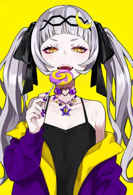 1girl, lollipop, murasaki shion, virtual youtuber, candy, food, solo, hair ornament, purple nails, twintails, long hair, grey hair, holding food, holding, holding candy, bangs, jacket, looking at viewer, holding lollipop, crescent, yellow eyes, blunt bangs, camisole, collarbone, black camisole, jewelry, open mouth, nail polish, necklace, teeth, purple jacket, makeup, alternate costume, off shoulder, choker, upper body, fangs, eyeshadow, ribbon, hair ribbon, hairband, bare shoulders <lora:LAMXL_NBVP1_lokr_V6311PZ:0.95>