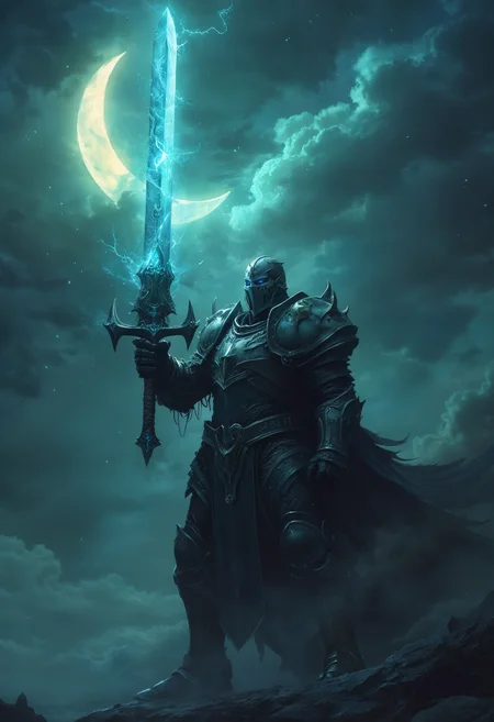 highly detailed and hyper realistic, hyper realistic and highly detailed, a close up of a Death Knight holding a gigantic glowing sword into the air, dark clouds and a crescent moon in the background, concept art, fantasy art, Lich King, splash screen art, cyborg necromancer, epic full color illustration, in dark souls manner, fallen knight, wraith, overlord, Wow, dark, atmospheric haze
<lora:xl_more_art-full_v1:0.5> <lora:add-detail-xl:1>