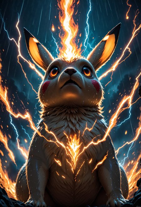 score_9, score_8_up, score_7_up, score_6_up, score_5_up, score_4_up, source_furry,  pikachu standing in rain, looking up, burning eyes, grinning, low angle view, storm clouds, lightning, wet, electricity, sparks,  bright colors, high contrast, vivid lighting, cinematic  <lora:Hyper-SDXL-2steps-lora:1.0> <lora:spo_sdxl_10ep_4k-data_lora_webui:1.0>