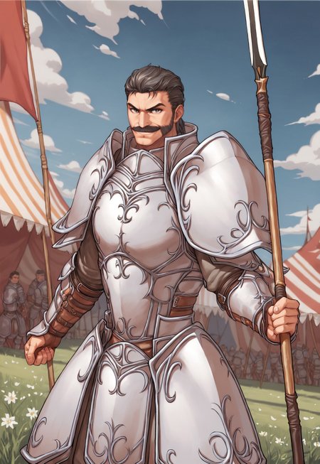 score_9, score_8_up, Tauroneo, pauldrons, grey hair, grey eyes, mustache,  armor, facial hair, blue sky, medieval fair, colorful tents, outdoor, looking at viewer, smile, portrait, dynamic pose, muscular, pennon flags, (holding one spear), dutch angle,