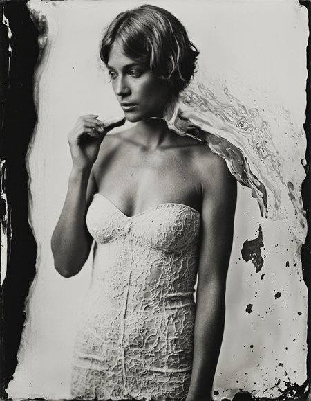 wetplatecollodion photo of woman wearing bodycon dress,
border, swirls, washed out, textured, smears