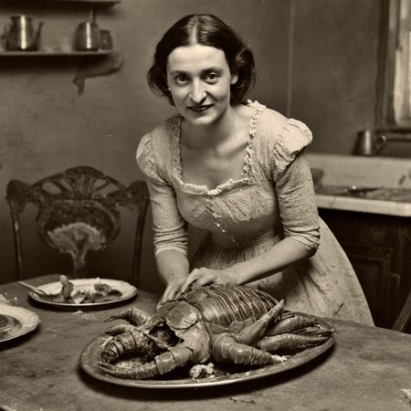 daguerreotype of circa 1850 woman, putting a platter of roasted alien turkey trilobites on a dirty dining table, in old kitchen, wearing a cotton revealing sexy dirty old ripped dress made of cotton, detailed face, monsters, intricate detail
