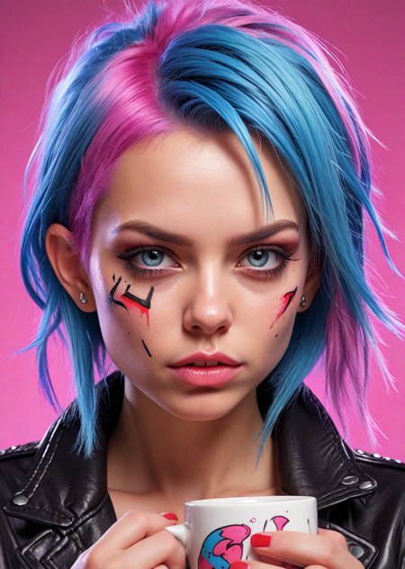 from side from above, anime comic style render, aroused(((woman:1.08), toned female, (punk:0.6), (goth:0.3), (hair: (dyed blueand cyan hair), shaved punk-style side cut,) piercings, tattoos, :1.21) in posing dynamic position, smooth skin, (prominent coffee mug:1.12), 
Smirking, biting lip, Exposed cleavage, Glossy hair, 
(pui:0.01) steaming mug of coffee, oversized and centered, hand grasping handle, detailed fingers wrapped, 
longing expression, comic art style, steam rising, big sculpted 3d sculpture mug, napkin,  vibrant colors,(trending:0.92) (masterpiece:1.05), (RAW:0.96),subsurface tering,high definition,amazing quality, (aesthetic:0.9), newest, <lora:LCMTurboMix_Euler_A_fix.safetensors:0.96:0.3> <lora:sdxl\Hyper_Realism_Pony_XL.safetensors:0.85:0.18>  p15,s20