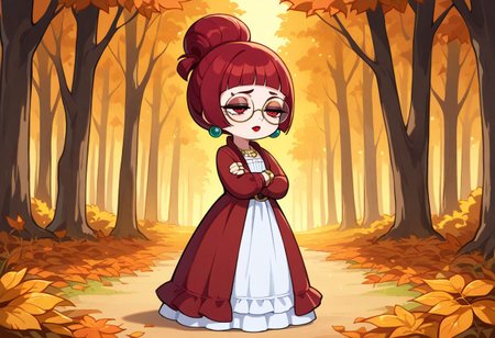 perfect eyes, solo, 1girl, red hair, red eyes, round eyewear, round glasses, shortstack, red victorian dress, hime cut, blunt bangs, single hairbun, mature female, milf, flat chest, tired, puffy sleeves, long sleeves, red lipstick, pantaloons, jewelry, bracelet, necklace, earrings, rings, long skirt, frills, standing, half closed eyes, arms crossed, belt, sleepy
outdoors, orange leaves, orange forest, soft lighting,