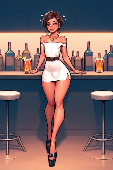 score_9, score_8_up, score_7_up,  score_6, score_5, score_4,  <lora:officialpit_style_v11:0.7>,<lora:princess_xl_v2:0.7>, 
cute thin 20yo slutty femboy twink, (brunette:1.5), hair_clip, earrings , short hair, (wide hips), aroused, looking at viewer, (slender legs), (flat chest), (tiny bulge:0.5),
(short (white:1.3) off_shoulder dress:1.3). (high heels), drunk, at a bar, holding a drink, necklace, jewelry, belt,