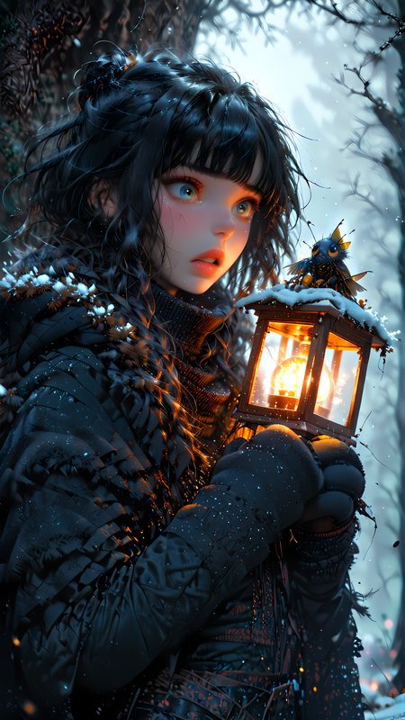 score_9, score_8_up, score_7_up, rating_safe,
1girl, solo, small breasts, black hair, black cloak, turtleneck, standing in snow, black jeans, (holding lantern:1.2), wide eyed, scared face, moonlight, tears, running mascara, wide mouth, full body shot, bangs,
dark forest, black forest, bare trees, winter forest, frost, haze, yellow fog, shadowed background, blurry background,
dark, nighttime, fireflies,
monstrous background, mittens,
<lora:Expressive_H:1> <lora:princess_xl_v2:1> <lora:Fant5yP0ny:1> <lora:Vixons Pomy Styles Gothic Neon:.45> <lora:HKStyle_V3:1>