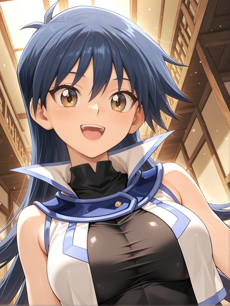 saotome rei,1girl,solo,open mouth,smile,looking at viewer,upper body,:d,open shirt,indoors,large breasts,duel academy uniform \(yu-gi-oh! gx\),white sleeveless shirt,black bodysuit,
masterpiece,best quality,amazing quality,very aesthetic,absurdres,newest,scenery,extreme detail,8k,light particles,soft lighting,volumetric lighting,intricate details,finely detailed,detailed eyes,<lora:Saotome Rei illusXL v1:0.73>,