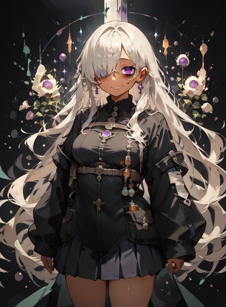 score_9, score_8_up, score_7_up, score_6_up, score_5_up, source anime, (dark skin), breasts, long hair, black hair, hair over one eye, sleeves past wrists, bags under eyes, long sleeves, smile, purple eyes, looking at viewer, blush, smile, looking at viewer, cowboy shot,  standing, realistic background, indoors, laboratory, scientist, black pleated skirt, chemicals,  black jacket, white hair,  <lora:ncaaoo33_XL_15E_GT_V0.1:0.8> , ncaaoo33,  <lora:NoctAbstractConcept:1> , abstract, abstract background, particles,  <lora:p4st3lg0r3XLP:1> , p4st3lg0r3,  <lora:ph4nt0m01lXLP:0.7> , ph4nt0m01l,