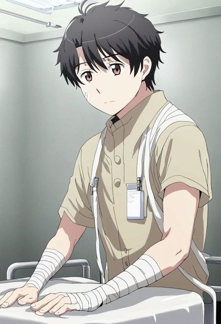 high resolution, solo, best quality, 1Boy, Inaho Kaizuka, Black Hair, bandage, patient, hospital, OverallDetail