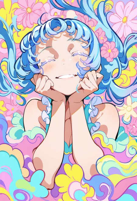 masterpiece, best quality, <lora:yoneyamaiXL_ANI31_lokr_V4302:0.95>  1girl, solo, closed eyes, smile, flower, long hair, dress, eyelashes, upper body, colored eyelashes, bare shoulders, colorful, pink flower, hands on own face, blue hair, parted lips, hands up, floating hair, frills, pastel colors, blush