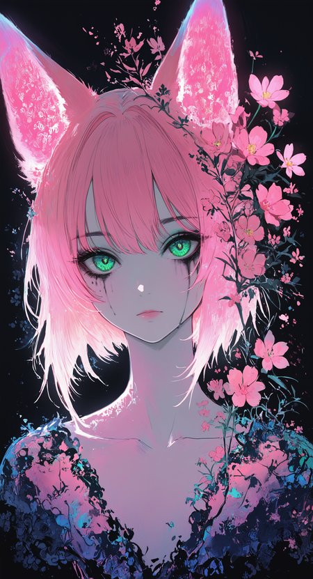 masterpiece, best quality, good quality, very awa, newest, highres, absurdres, 1girl, solo, looking at viewer, short hair, blue eyes, animal ears, closed mouth, green eyes, collarbone, pink hair, flower, cat ears, lips, fox ears, makeup, expressionless, portrait, pink flower, runny makeup, limited palette, sketch, glowing, psychedelic, <lora:illustriousXL_stabilizer_v1.23:0.3> <lora:NOOB_vp1_detailer_by_volnovik_v1:0.3> <lora:ponyv6_noobE11_2_adamW-000017:0.3> <lora:114558v4df2fsdf5:0.7> <lora:XXX667:0.5> <lora:mon_monmon2133:0.6>