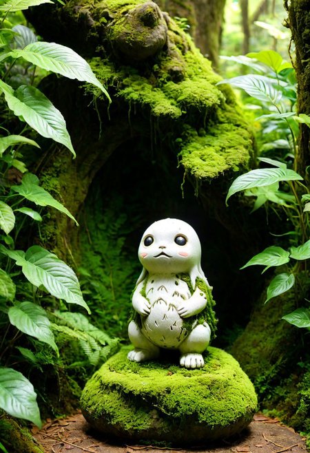 Craft a narrative for the captivating image: a diminutive, ancient forest spirit ghost reminiscent of Studio Ghibli's enchanting characters. This weathered moss overgrown white old stone statue, resembling a spectral being with echoes of a figure from Sanrio, stands resilient amidst the verdant expanse of a timeless jungle. Illuminate the mystique of this ethereal presence and the harmonious juxtaposition with the lush surroundings, evoking the essence of a Studio Ghibli masterpiece.