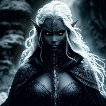 elf woman warrior, drow, wavy white hair, dark makeup, face tattoos, leather armor, cape, looking intrigued,  ((head tilted)), brightly illuminated face, dark skin, looking at viewer, smirking smile, realistic, intricate details, subsurface scattering, turned away, ornate body armor, elven runes, upper body, cowboy shot, black and silver armor, silver eyes, castle ruins, masterpiece, strong front light, bright moonlight, sidelight  <lora:Drow:1>