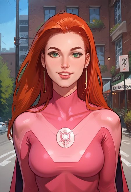 score_9, score_8_up, score_8, score_7_up, photo of eveinv, 1girl, solo, long hair, green eyes, perfecteyes, easynegative, large breasts, cinematic lighting, realistic, Expressiveh,
pink bodysuit, boots, cape, 
in the city, standing on the street, close up, smile,
