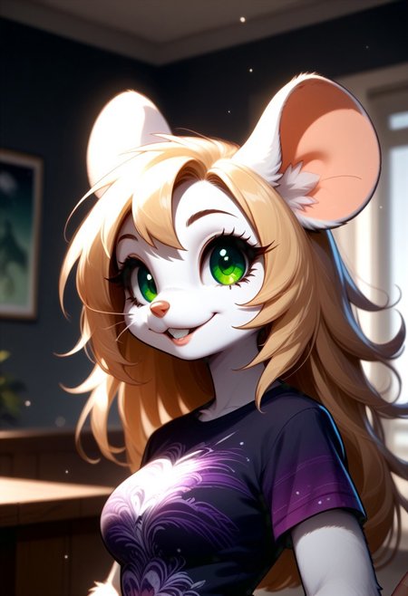 score_9, score_8_up, score_7_up, source_furry, FMW1, fluffy, painterly, vibrant details, indoors, Chloe, 1girl, solo, (medium breasts:2), long hair, blonde hair, animal ears, (green eyes, gradient eyes:1.5), furry female, mouse ears, mouse girl, mouse tail, body fur ,white fur, bangs, animal nose, buck teeth, 
upper body, headshot, long eyelashes, wide smile, parted lips, 
(lace trim, violet print t-shirt:1.5), hands on hip, looking at viewer, kftenhance,