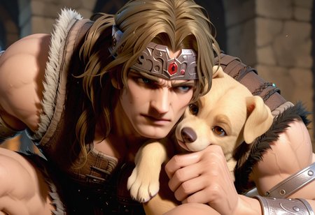 Simon Belmont squatting while holding a labrador retriever puppy, score_9, score_8_up, score_7_up, score_6_up, score_5_up, score_4_up, simonbel, simon belmont, leather armor, (((jeweled headband))), stylized brown breastplate, leather brown shorts, stylized loincloth, (((((single pauldron))))), metal wristbands, shoulder length blonde hair, fur lined boots, leather tassets, dungeon background, spooky background, ((((holding dog)))), ((labrador retriever))