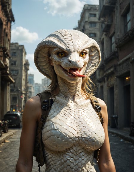 score_9, score_8_up, score_7_up, highly detailed, realistic, fine fabric detail, absurdres, highly-detailed, best quality, masterpiece, very aesthetic, 1girl, solo, v1p3r, monster girl, lamia, snake, scales, white scales, yellow sclera, slit pupils, cowboy shot, looking at viewer, city, vest, large breasts, military, science fiction, weapon, rifle, holding, grey sky, futuristic, scaly hands, claws, upper body, snake tongue, Ornate and Intricate, highly detailed, realistic, fine fabric detail, absurdres, highly-detailed, best quality, masterpiece, very aesthetic, 1girl, solo, v1p3r, monster girl, lamia, snake, scales, white scales, yellow sclera, slit pupils, cowboy shot, looking at viewer, city, vest, large breasts, military, science fiction, weapon, rifle, holding, grey sky, futuristic, scaly hands, claws, upper body, snake tongue, decorative, highly detailed, elaborate, ornate, intricate