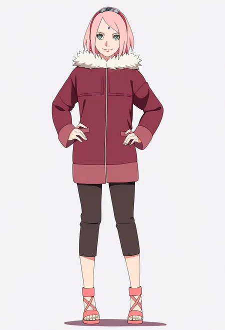 masterpiece, best quality, very aesthetic, absurdres,
1girl, haruno sakura, pink hair, short hair, green eyes, hairband,
forehead mark,
winter clothes, pants, coat, fur trim, long sleeves, sandals,
hands on hips, full body, standing,
smile, (solo:1.3), looking at viewer, simple background, white background,     <lora:SakuraTheLastNoobXL_byKonan:1>