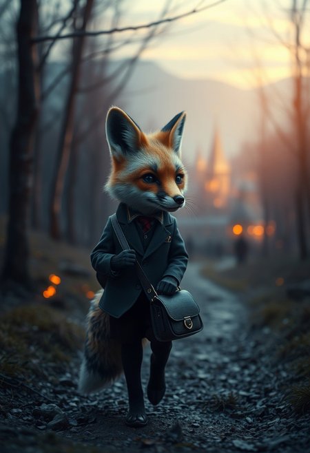 Futuristic sci-fi style in extreme macro close-up.  An elegantly dressed fox, carrying a satchel, strolls a hidden forest path toward a distant village in ethereal blue twilight.  Detailed focus on the small subject, advanced technology elements blend with space elements, glowing warm trees.