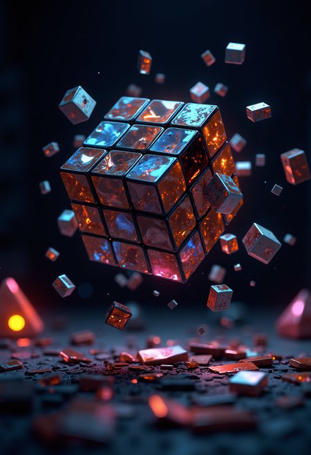 A hyper-detailed shot of a disassembled Rubik's cube floating in mid-air, with each piece suspended separately. The pieces are rotating slowly, with soft, colorful reflections from a prism-like light source hitting their glossy surfaces. The background is a dark void, with subtle glowing geometric shapes in the distance. The scene is surreal and dreamlike, evoking a sense of infinite possibilities and complexity.   <lora:FluxMythP0rtr4itStyle:0.8> MythP0rt,  <lora:aidmaImageUpgrader-FLUX-V0.1:0.33> detailmaximizer,