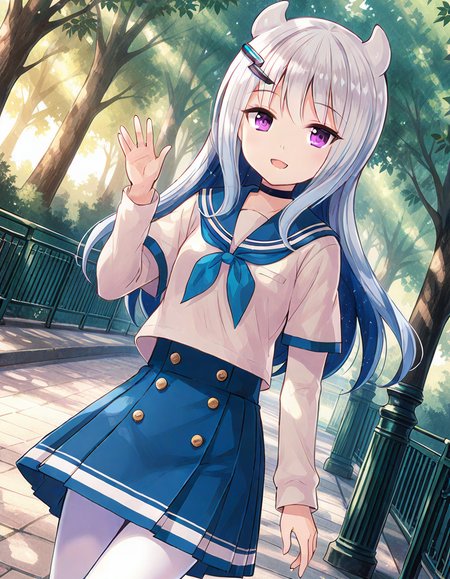 hiiragi sakurako, school uniform, white pantyhose, solo, smile, open mouth, hand up, looking at viewer, outdoor, dutch angle, <lora:20241207153534_eternal_sakura_animagine-xl-3.1:0.6>
