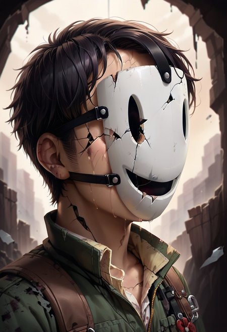 score_9, score_8_up, score_7_up, source_anime, 1boy, older man, 45 years old, (((brown skin))), black hair with gray streaks, (((undercut messy bun hair))), sides of head shaved, cr@ckedp0rcelainT2, mask, blacked out mouth, (((heavily cracked mask))), massively broken mask, war torn mask, masked heavily damaged from battle, pieces falling off of mask, detailed cracked skin, cry, crying eyes behind mask, pained eyes behind mask, tears coming down, tears overflowing,😢, tears fall from behind mask, one hand removing mask from face, lifting mask off of face, tactical gear, bullet proof vest, military, dark, low-key, chiaroscuro,