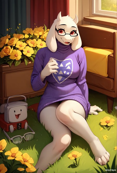 score_9, score_8_up, score_7_up, score_6_up, score_5_up, score_4_up,  <lora:cabronpr_style_ponyXL_v1.3:1> cabronpr, hotel room,
1girl, furry, toriel, purple sweater, barefoot, red eyes, glasses, smile, yellow flowers, grass
