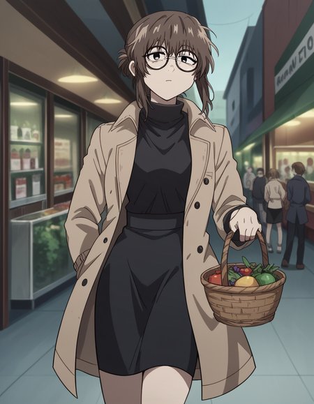 score_9, score_8_up, score_7_up, source_anime, <lora:anko-uguisu-s1-ponyxl-lora-nochekaiser:1>, anko uguisu, short hair, brown hair, glasses, black eyes,, dress, black dress, coat, turtleneck,, farmers market, fresh produce, local vendors, baskets, sunny day, community, , , knee bent, hand on neck, foot pointed, solo,, cowboy shot, dutch angle