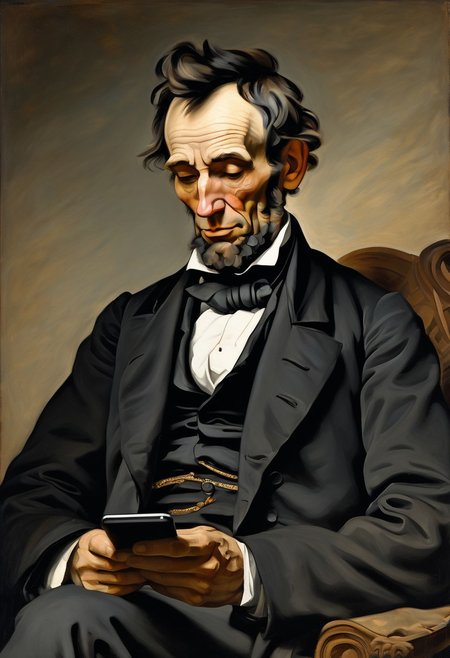 detailxl, high quality, intricate, painting of,
( man, closed eyes, looking down at smartphone-tablet:1.25),
(abraham lincoln:0.75),
 sitting, front view, 
(indoor background),
 (by Theodore Gericault:1.3)