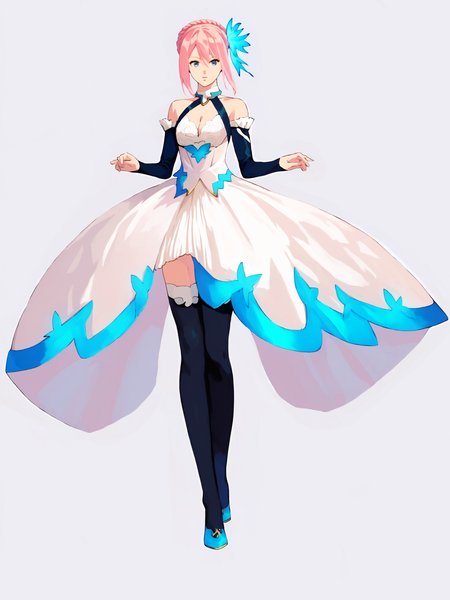 score_9, Score_8_up, Score_7_up, Score_6_up, masterpiece,  best quality, very aesthetic,  <lora:Shionne_V2:1>  15 shionne 01b weddingdress, shionne 01b, pale skin, long hair, (blue eyes), wedding dress 1girl, solo, breasts, 1Girl, hair ornament, thighhighs, dress, bare shoulders, full body, pink hair, braid, detached sleeves, black thighhighss   <lora:detailed_backgrounds_v2:0.6> scenery,