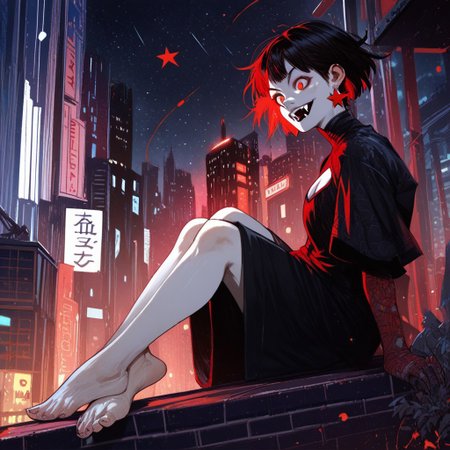 score_9, score_8_up, score_7_up, score_6_up, score_5_up, score_4_up, zPDXL2, 1girl, solo, pale skin, red eyes, black hair, short hair, bangs, cleavage, 2 fangs, earrings, legs, feet, mid drift, city, night, stars,