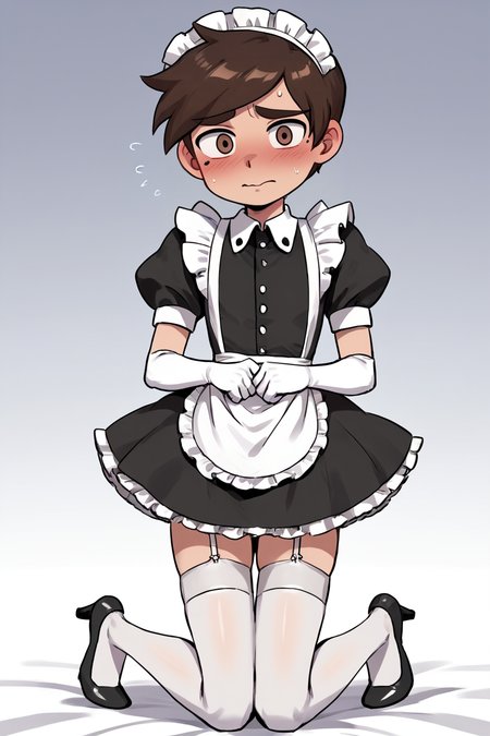 score 6 up,score 7 up, score 8 up,score 9,blush,short sleeves,looking at viewer,  <lora:marco_diaz:0.7>,marco diaz,brown hair,mole under left eye,short hair,solo,thick eyebrows,<lora:Lucyla_Art_Style:0.4>,male focus,maid headdress,maid uniform,,embarrassed,black heels,white elbow gloves, white stockings