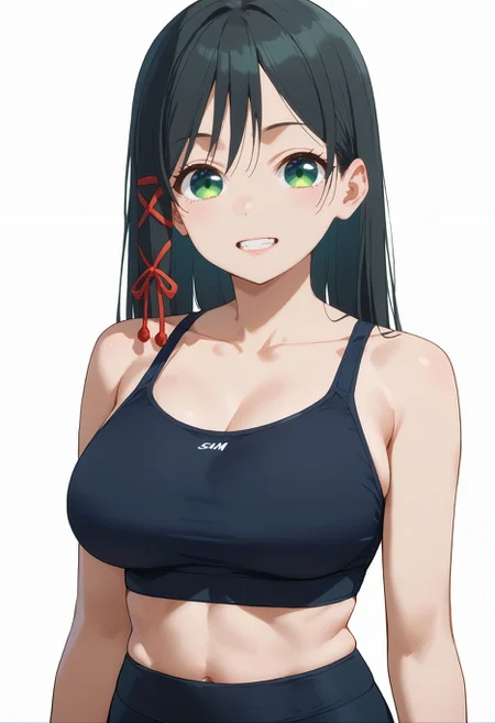 score_9,score_8_up,score_7_up,  <lora:amagami_yae_pdxl_goofy:1> amagamiYae, black hair, green eyes, long hair, hair ribbon,red ribbon ,1girl, black hair, breasts, casual, contemporary, large breasts, looking at viewer, simple background, teeth, upper body,sports bra, spaghetti strap,bare shoulders, white background, yoga pants