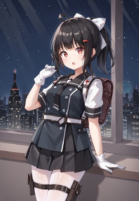 GSh18, black hair, ponytail, hair ornament, hairclip, red eyes, ahoge, white gloves, hair bow, bangs, black skirt, short sleeves, pantyhose, white shirt, black sailor collar, holster, pleated skirt, sidelocks, white bow, thigh strap, small breasts, necktie, black vest, buttons, belt, backpack,

looking at viewer, open mouth, from side, hand up,

window, city, cityscape, dark, night, night sky,

1girl, solo, solo focus, highres, absurdres, light particles, shade, lens flare, shiny skin, fine fabric emphasis,




