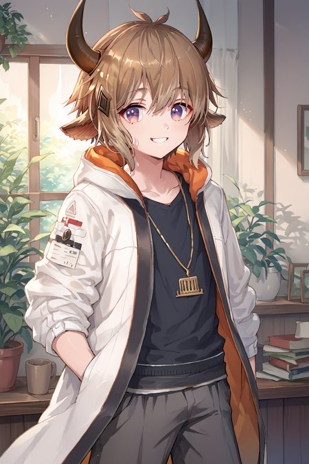 score_9, score_8_up, score_7_up, source_anime BREAK
1boy, solo, bison\(arknights\), cow ears, brown hair, cow horns, white jacket, purple eyes, looking at viewer, smile, 
zPDXL3, cowboy_shot, <lora:bisonPony>
