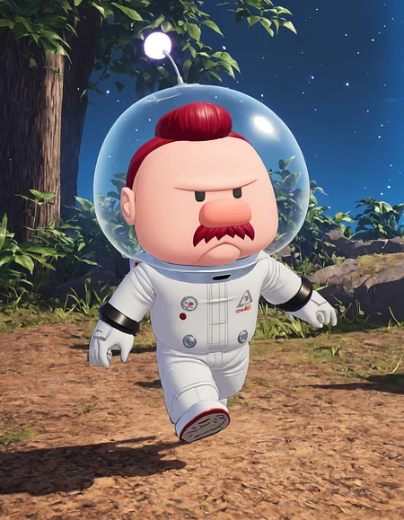 P1km1nCrew, mustache, buzzcut, 1boy, man, male focus, solo, outdoors, red hair, white jumpsuit, space_helmet, running,  anime,
<lora:P1km1nCrew_SDXL:.9>