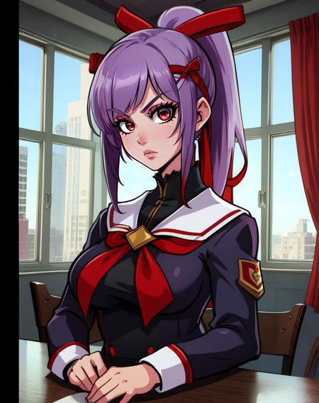Senka, red eyes, ponytail, bangs, light purple hair, 
school uniform, pantyhose,  red hair ribbon, hair bands,  
principle building, indoors, cold stare, looking at viewer,  
standing, 
toned,   
(insanely detailed, beautiful detailed face, masterpiece, best quality), solo,
 <lora:SenkaReishiki:0.7>