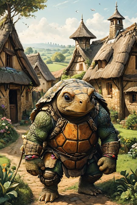 Detailed digital portrait of an anthro Tortoise at a Quiet village with thatched-roof cottages, <lora:xl_more_art-full_v1:0.5>,  <lora:The_Crazy_Style:0.7> <lora:anthro_muscular:0.7>