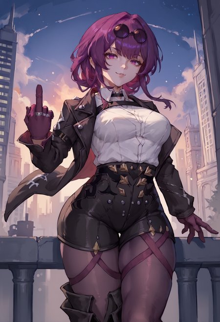 score_9, score_8_up, score_7_up BREAK kafkapd, purple hair, purple eyes, bangs, no pupils, eyewear on head, collared shirt, gloves, jacket, pantyhose,asymmetrical legwear,single thigh boot,black shorts, middle finger, smug, cityscape, night sky <lora:kafka_pd_t4:1>