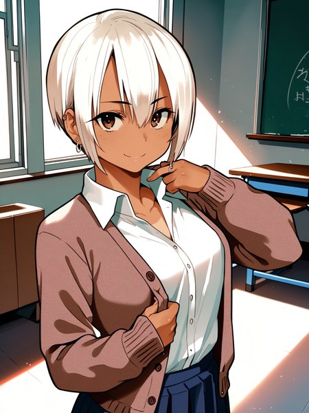 <lora:happy_tentacle-cherry_asuka-v0.1-000030:1>, ht_cherry_asuka, earrings, tan, brown eyes, school uniform, collared shirt, cardigan, indoors , 1girl, solo, , , ( smile :1), , looking at viewer , standing , , score_9, score_8_up, score_7_up, score_6_up, score_5_up, score_4_up