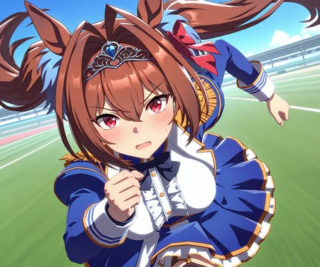 masterpiece, best quality, amazing quality, , 1girl, solo, looking at viewer, umamusume, racetrack, running,    <lora:Daiwa Scarlet in game style 3D:1> ummsmingame, 3d, daiwa scarlet \(umamusume\),